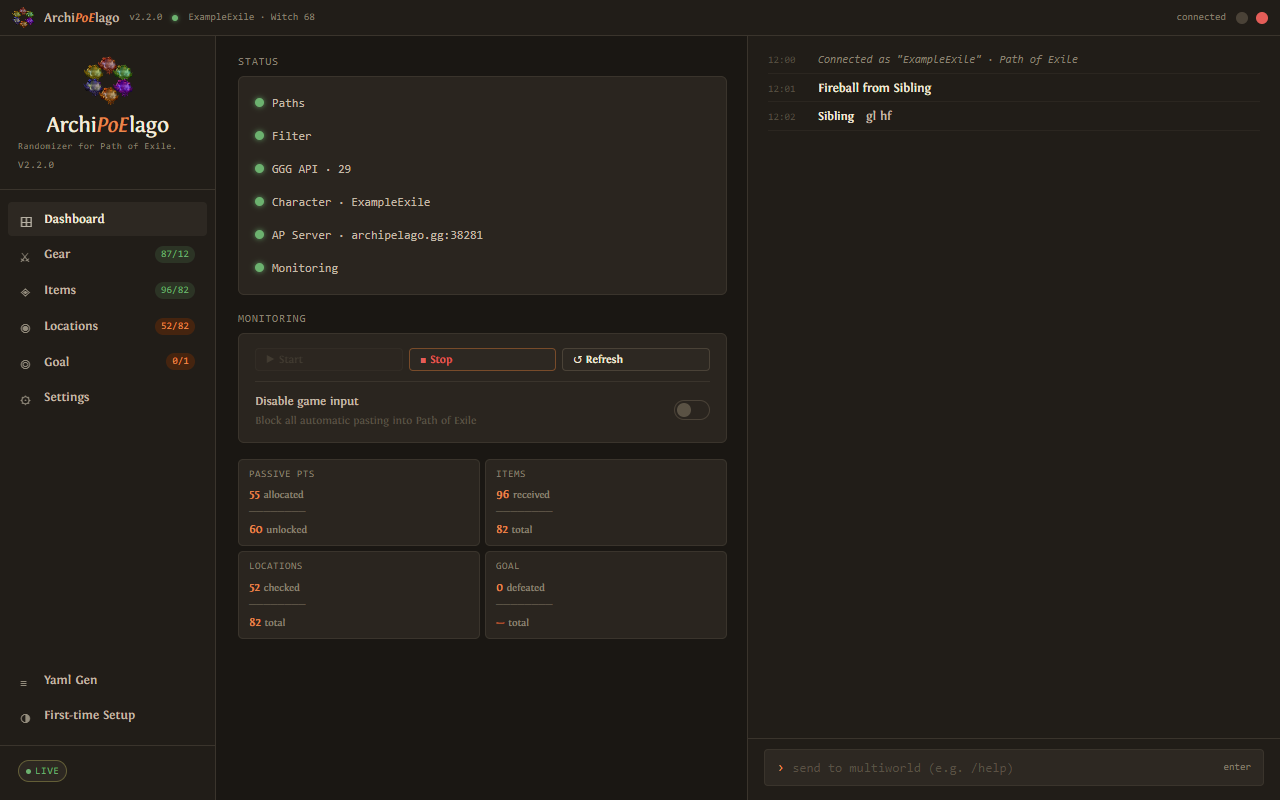 Dashboard after connecting, all status indicators green