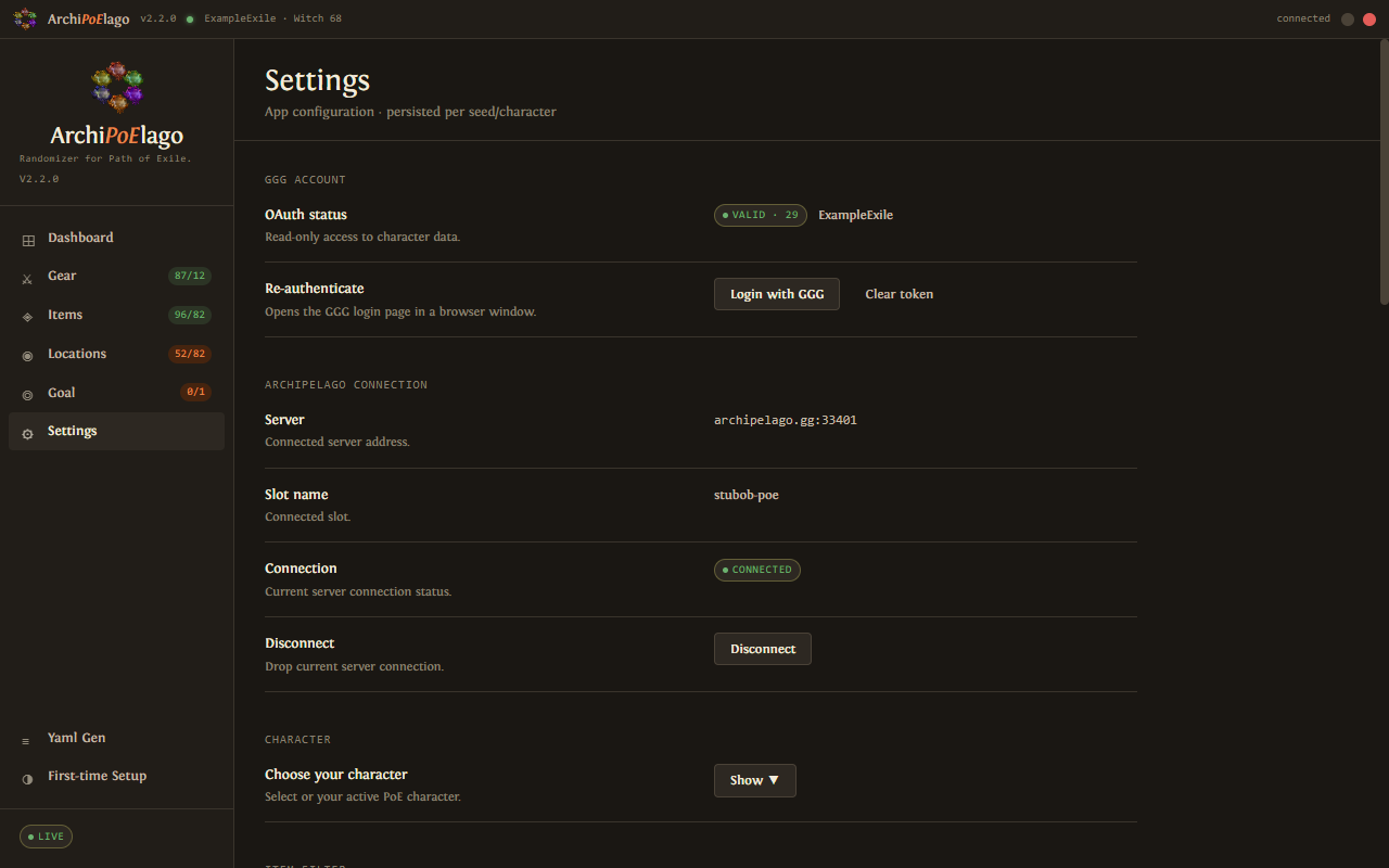 Settings page showing OAuth status, AP connection, and character