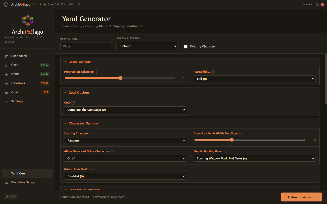 Yaml Generator page in the client