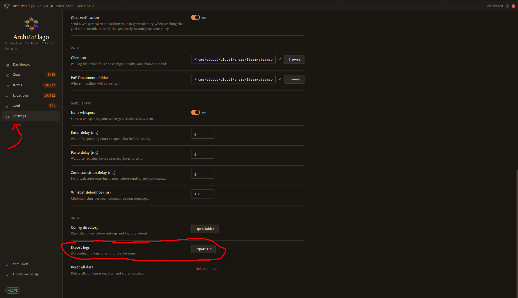 Settings Data section with Export zip button