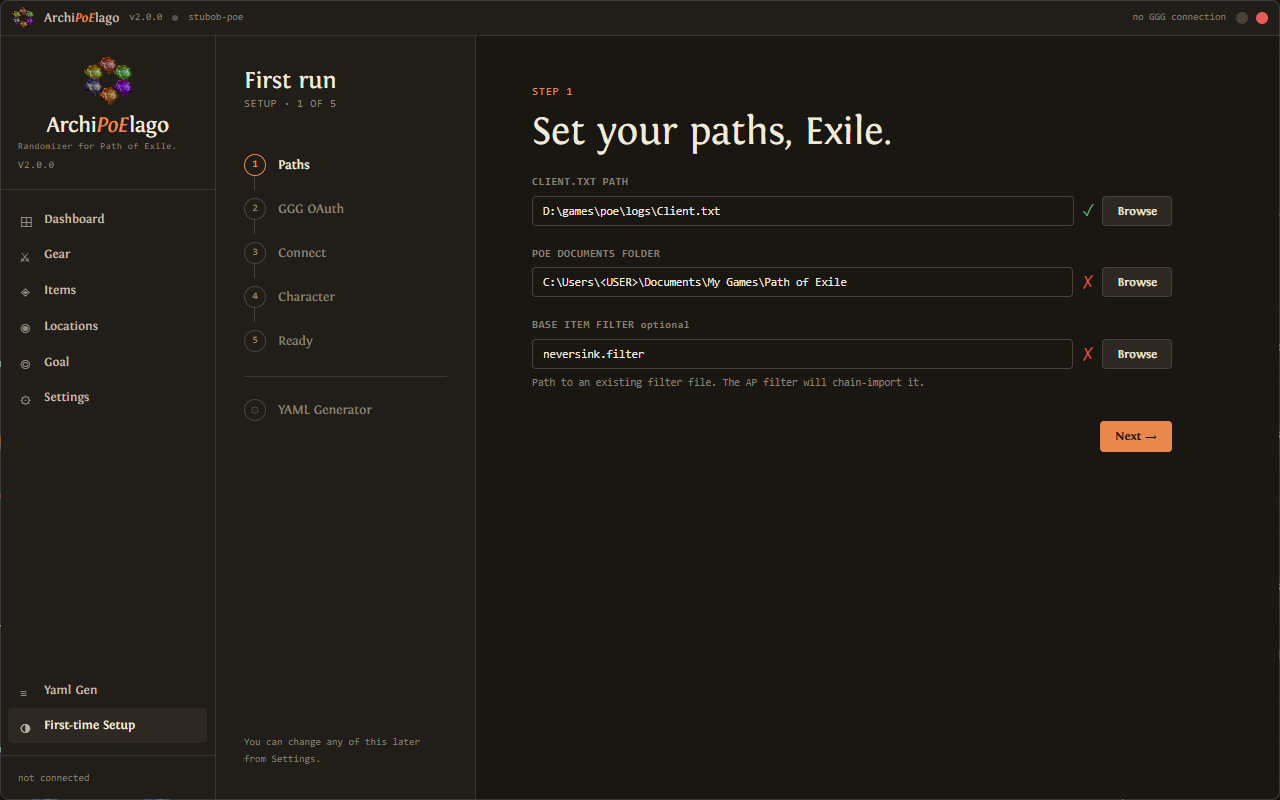 First-time setup wizard — Paths step