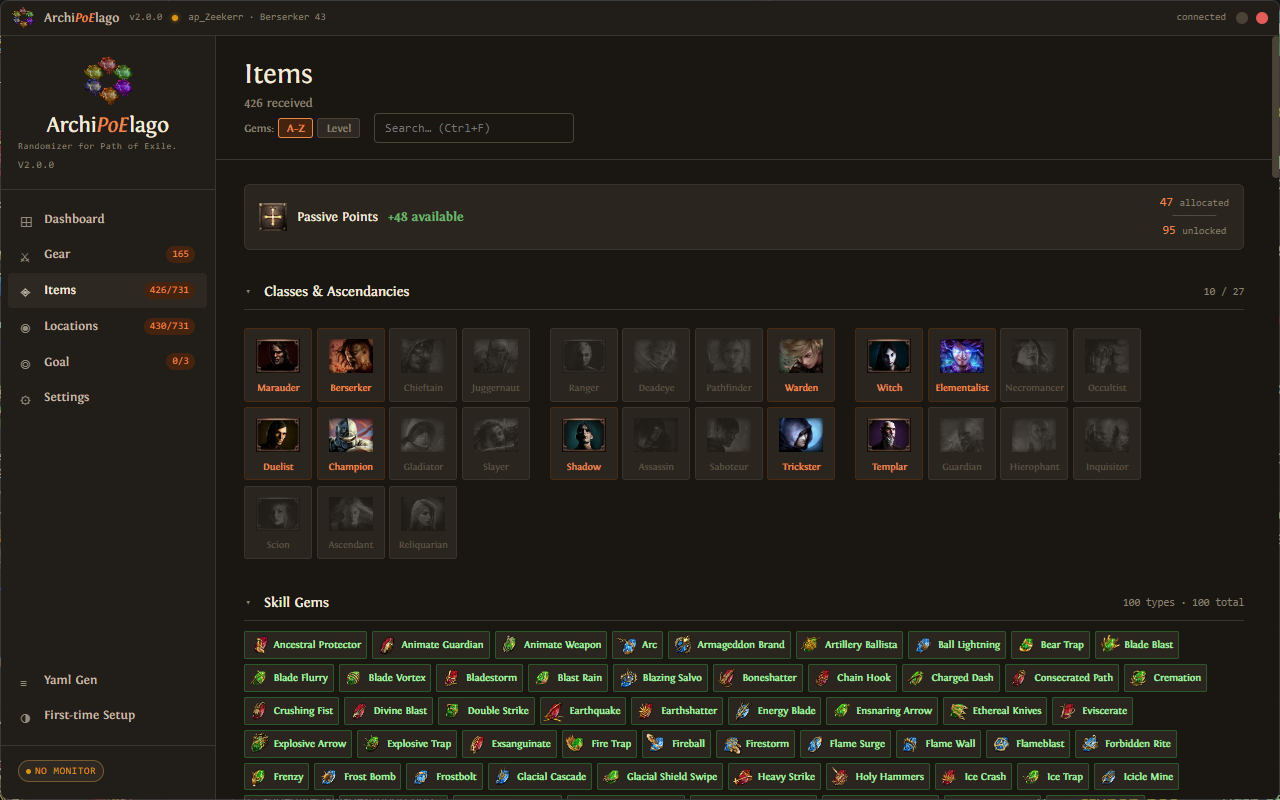 Items tab showing received classes, gems and passives