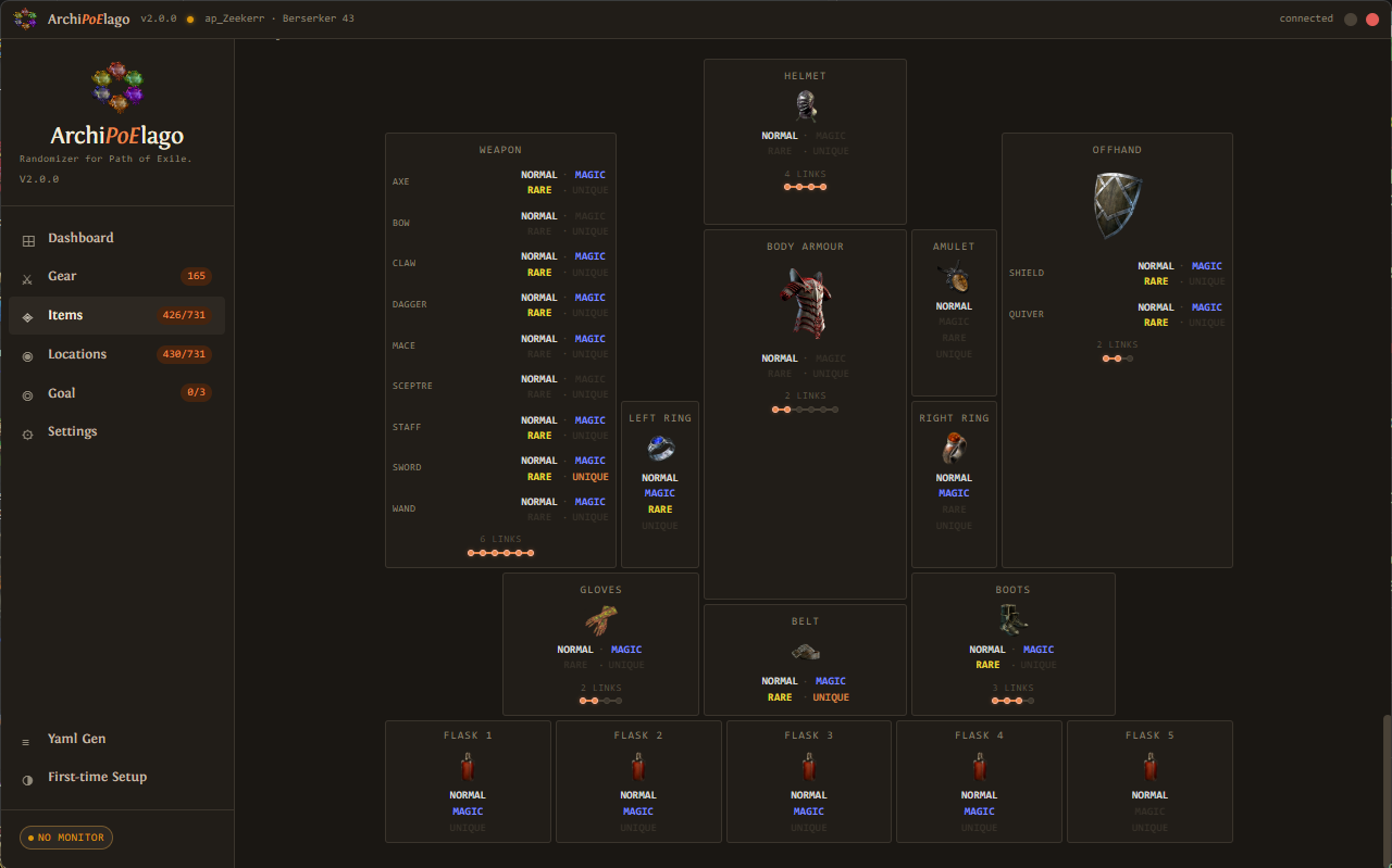 Gear tab showing unlocked rarity per slot